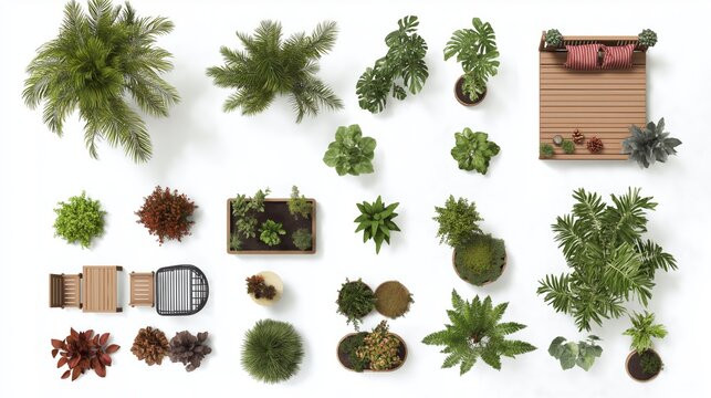 An aerial view of various plants and outdoor furniture arranged stylishly, creating a cozy and modern atmosphere in an outdoor garden setting, Generative Ai