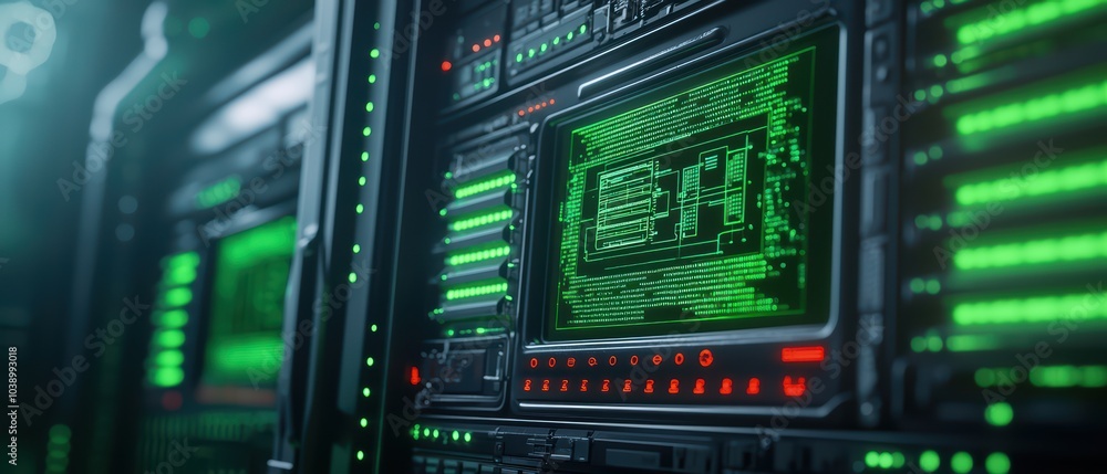 Poster close-up of advanced server hardware with glowing green displays and intricate circuitry.