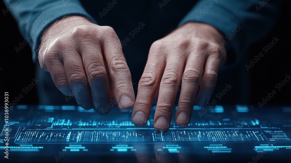Poster close-up of hands interacting with a futuristic touchscreen interface in a dim environment.