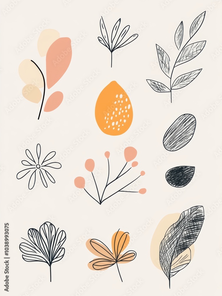 Aufkleber a collection of minimalistic doodles capturing leaves, flowers, and nature elements, showcasing a si