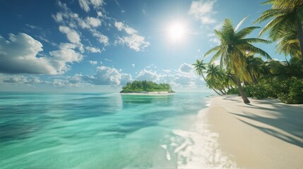Serene tropical beach with clear turquoise water and swaying palm trees under bright sunlight