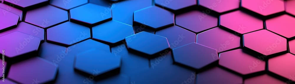 Poster colorful hexagonal patterns with gradient shades of blue and pink on a dark background.