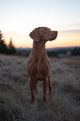 A majestic dog stands proudly in a field at sunset, capturing the beauty of a golden hour