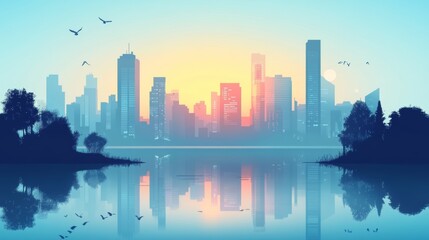 Obraz premium Serene Cityscape Reflection at Sunrise in Watercolor Style