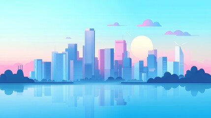 Fototapeta premium Serene Cityscape at Dusk with Reflective Water and Pastel Skies