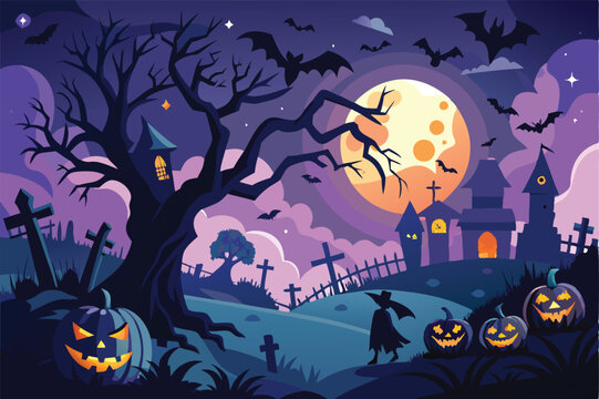 Spooky Halloween Night Cemetery Scene