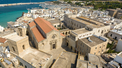 Aerial view of the Cathedral of Santa Maria Annunziata located in Otranto, Salento, Puglia, Italy....