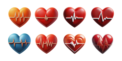 Colorful Heart Icons with Pulse Line Design, PNG collection, set bundle, isolate on transparent or white background