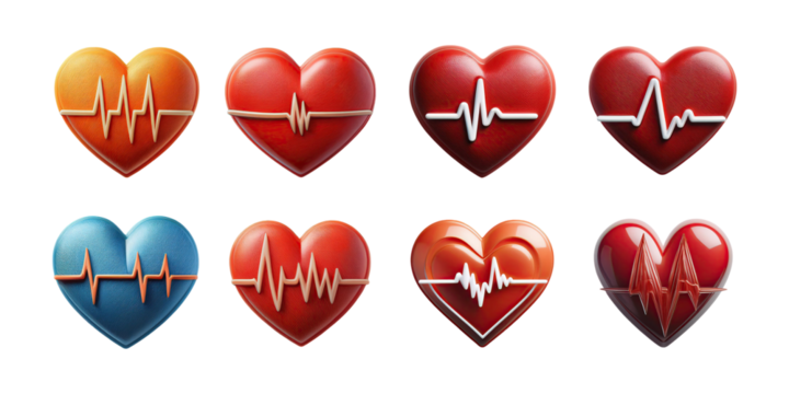 Colorful Heart Icons with Pulse Line Design, PNG collection, set bundle, isolate on transparent or white background