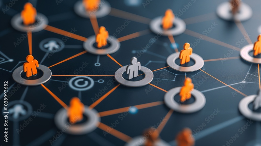 Poster network connections visualized through orange and gray figures symbolizing community interaction and