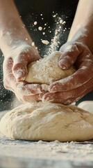 Fototapeta premium a fine looking bread dough on wooden table with two hands setting ready to knead above, a splash of flour, dark background