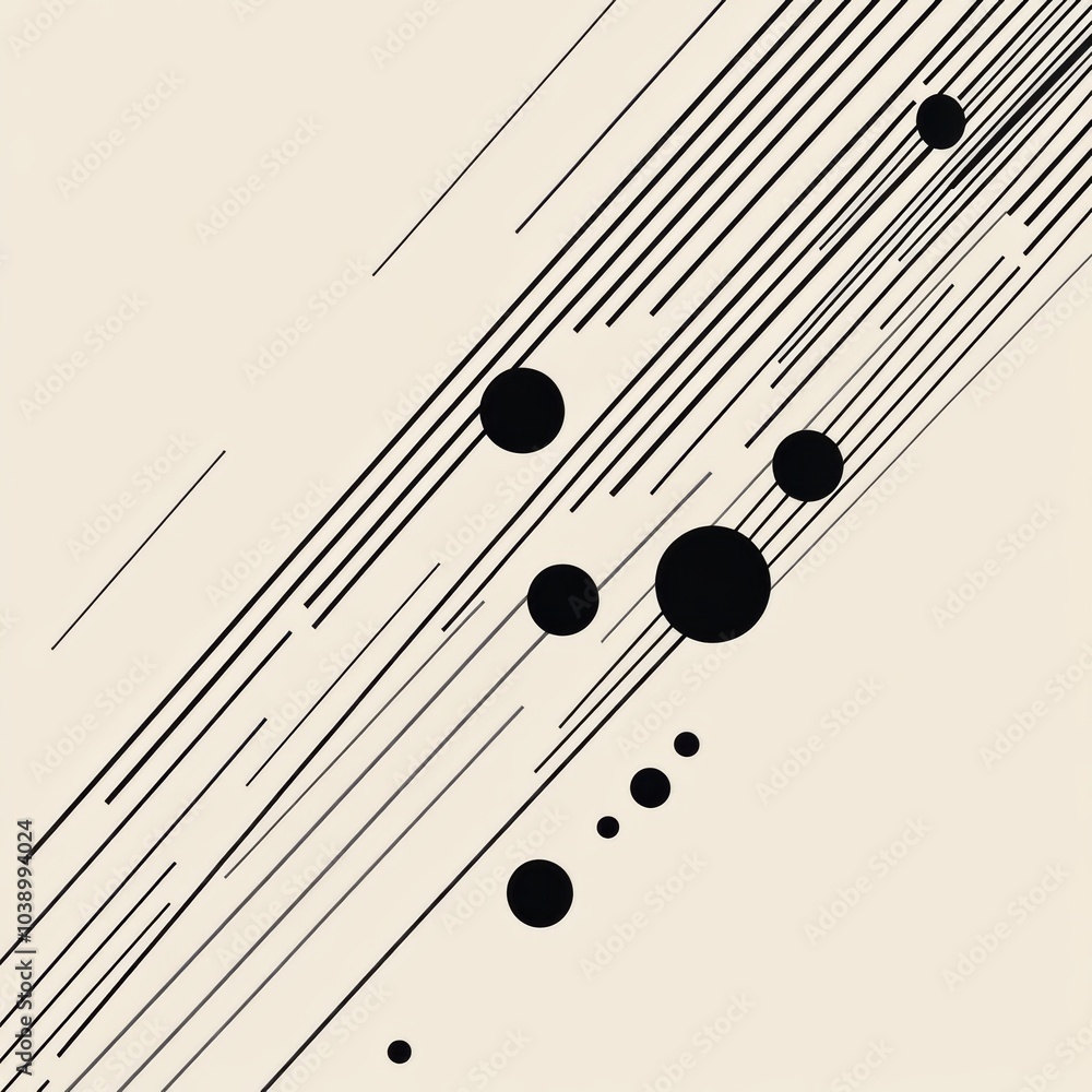 Fototapete diagonal black lines intersect circles of different sizes on a light canvas, forming a striking mini