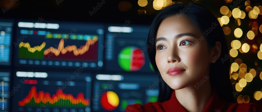 Poster focused professional analyzing data on screens during a festive setting.