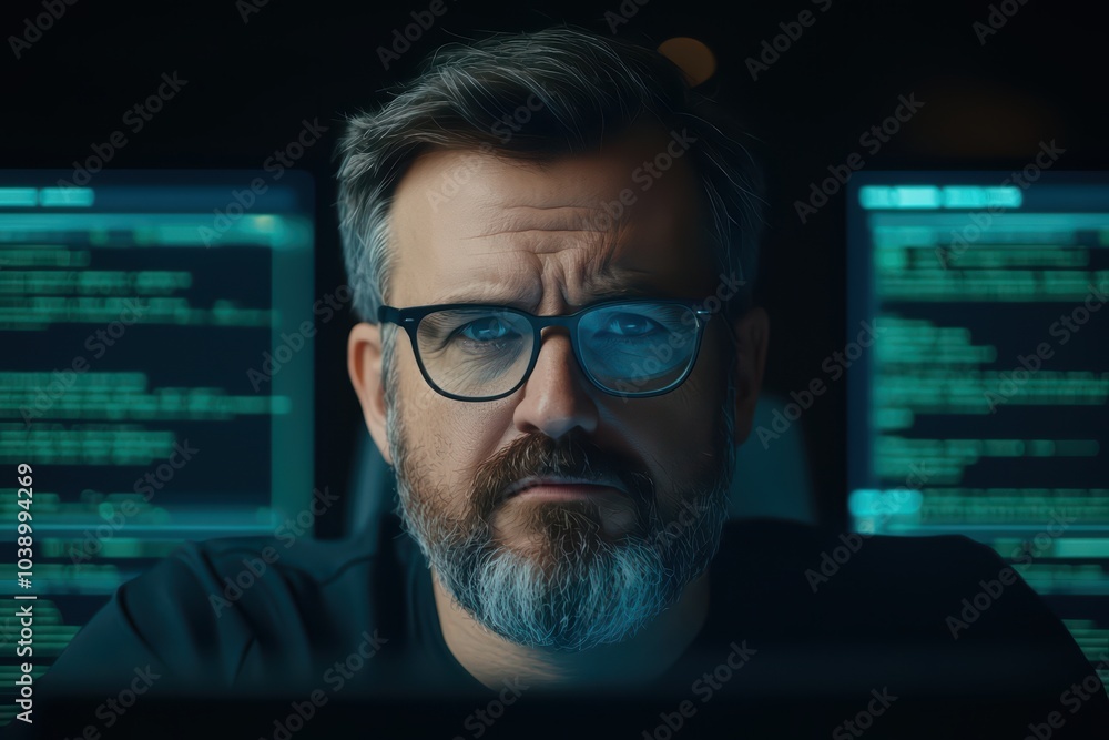 Poster focused programmer working with dual monitors in a dimly lit environment