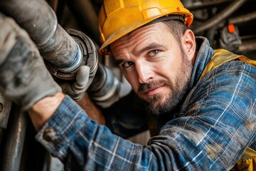 Focused construction worker wearing a helmet, repairing industrial pipes indoors, showcasing precision and dedication.