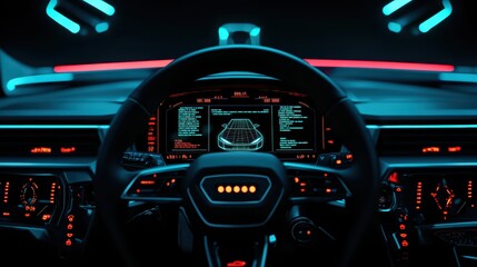 Futuristic car interior with neon lighting and advanced dashboard displays
