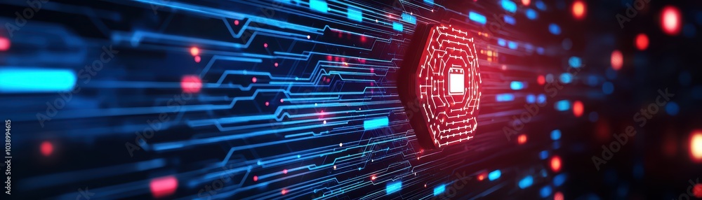 Poster futuristic digital technology abstract background with glowing circuits and hexagonal patterns.