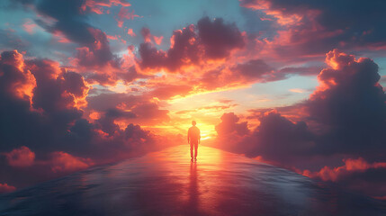 Silhouette of Person Walking Towards Sunset in Sky Illustration
