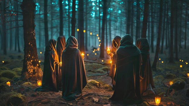 A Wiccan coven gathered for a ritual, dressed in robes and holding candles in...