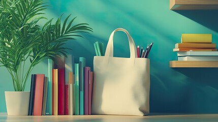 A tote bag leaning against a stack of colorful books, surrounded by stationery items.