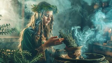Fototapeta premium A witch cleansing a ritual space with a bundle of burning sage, smoke...