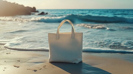 A tote bag resting on a sandy beach, with waves in the background, showcasing a summery vibe.