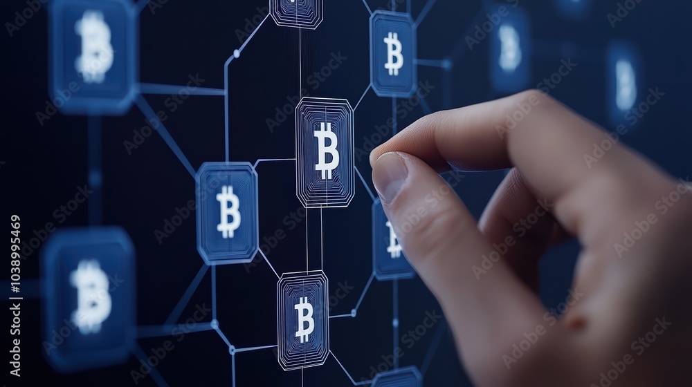 Poster hand interacting with digital blockchain network and cryptocurrency symbols on a dark background.