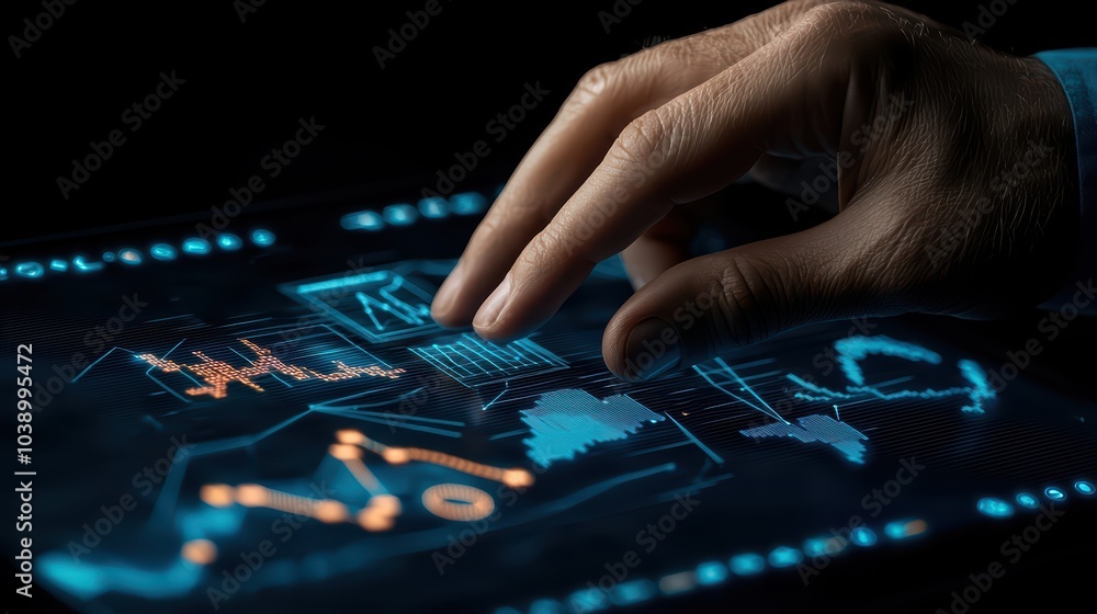 Poster hand interacting with a digital touchscreen displaying data visualizations.