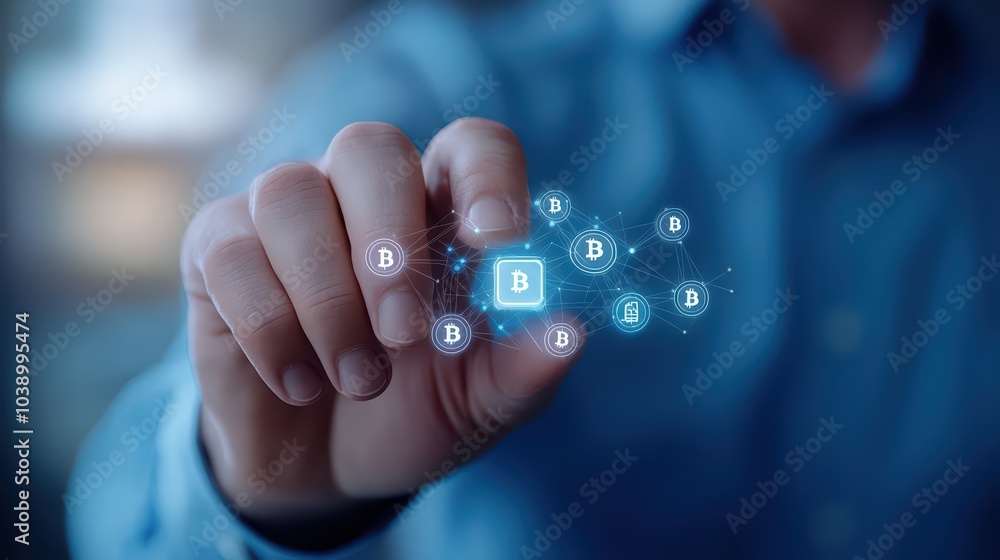 Poster hand interacting with digital cryptocurrency icons, futuristic interface of blockchain technology.
