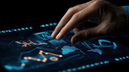 Hand interacting with a digital touchscreen displaying data visualizations.