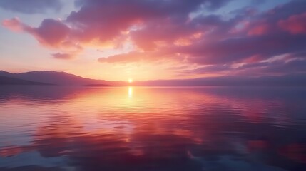 Obraz premium A tranquil lake with a reflective surface mirroring the colorful sunset sky.