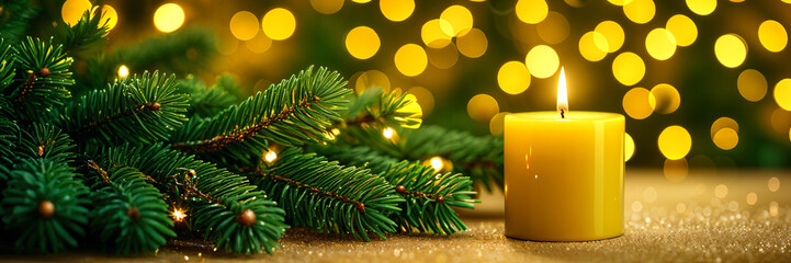 Lit candle placed on a table, surrounded by pine branches and twinkling lights, creating a festive atmosphere.