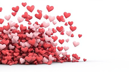 A vibrant burst of red and pink hearts cascading across a white background, symbolizing love and affection.