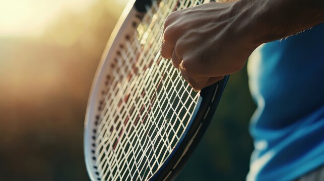 A tennis player's grip adjusting racket strings, outdoor setting with soft morning light, Classic style