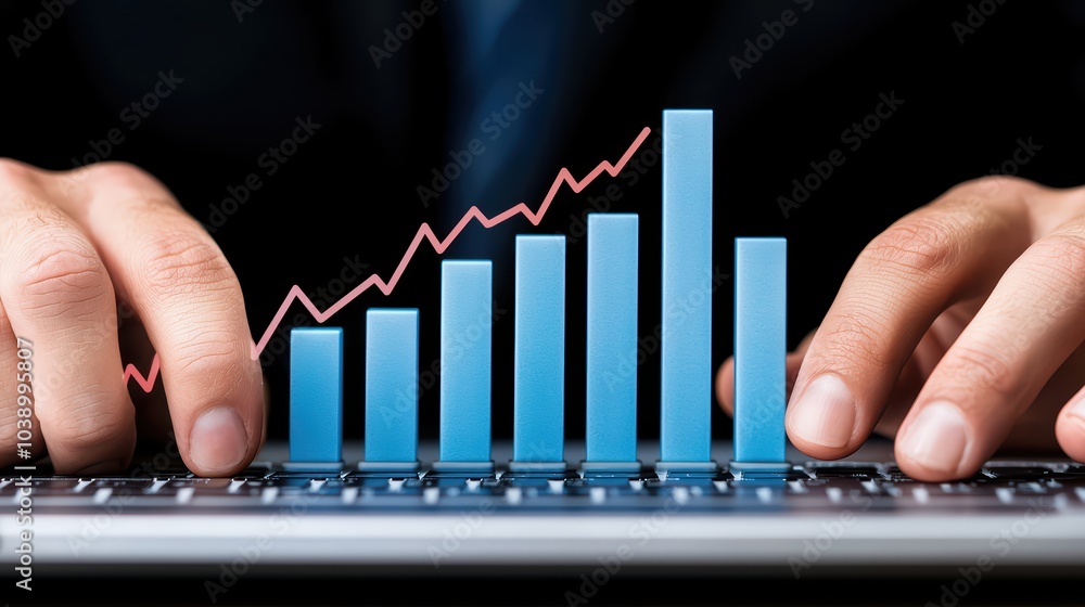 Poster hands working on laptop with graphics showing upward trend in performance.