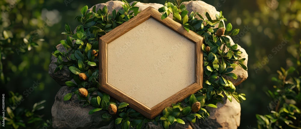 Aufkleber hexagonal empty frame surrounded by lush greenery on a stone background, ideal for customization.