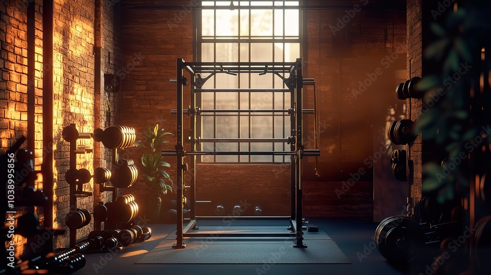 Poster an empty power rack surrounded by various weights, bathed in warm lighting, creating an inviting atm