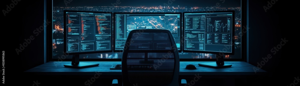 Poster high-tech workspace with multiple monitors displaying code, overlooking a city at night.