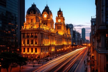 Fototapeta premium Historic building illuminated at twilight, bustling city street with light trails capturing evening vibrance.