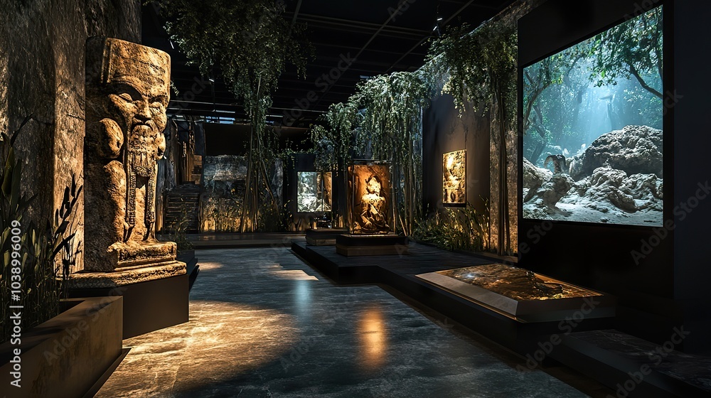 Poster an expansive virtual museum displaying interactive art installations and digital artifacts from vari