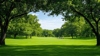 Fototapeta premium Lush green park with arching trees and clear blue sky in the background, inviting outdoor activities.