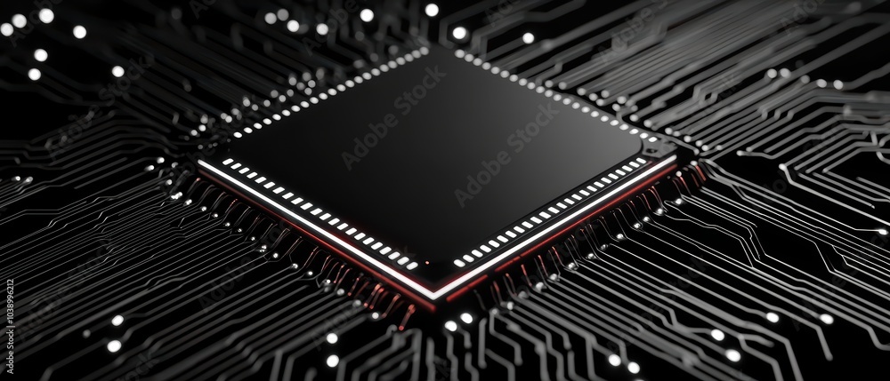 Poster microchip embedded in a circuit board showcasing intricate electronic design.