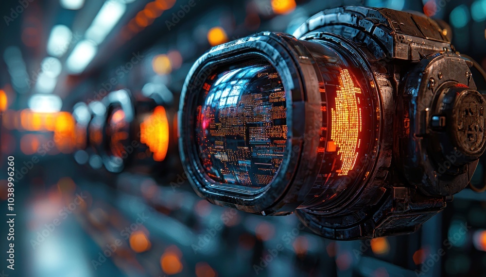 Poster Close-up of a Futuristic Machine with a Circular Display Showing Data and a Blurred Background