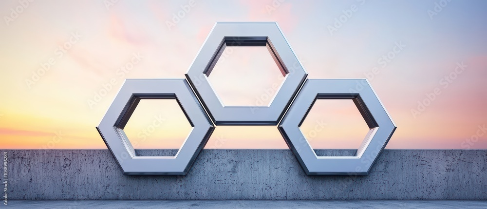 Poster modern architectural structure with hexagonal shapes against a sunset sky.