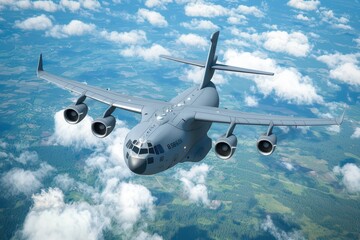 Naklejka premium Military cargo aircraft flying above green landscape with clouds.