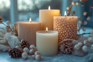 Softly glowing candles illuminate a serene winter tabletop arrangement