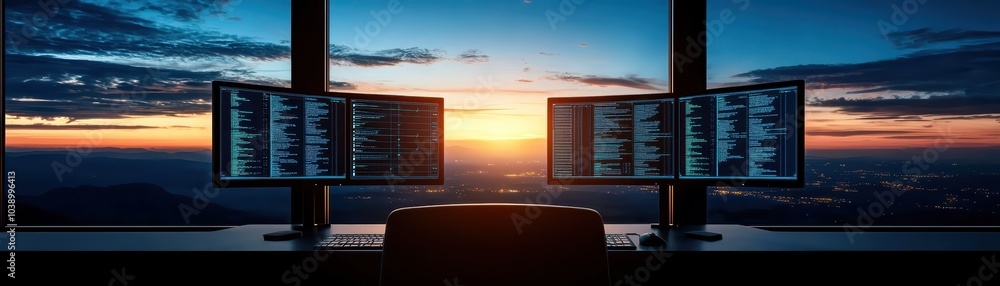 Aufkleber modern workspace with dual monitors displaying data against a beautiful sunset backdrop.