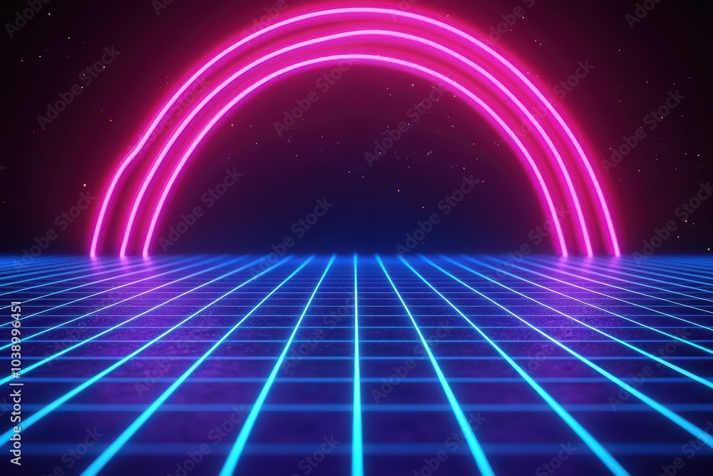 Poster neon rainbow arch over a grid floor in a retro futuristic style with glowing elements.
