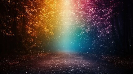 A colorful forest scene with vibrant lights creating a mystical atmosphere, surrounded by trees and scattered light particles.