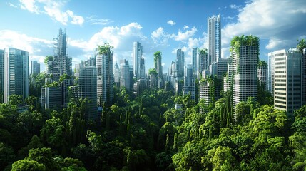 Obraz premium A futuristic cityscape where skyscrapers blend with lush greenery, showcasing a harmonious relationship between nature and urban development.